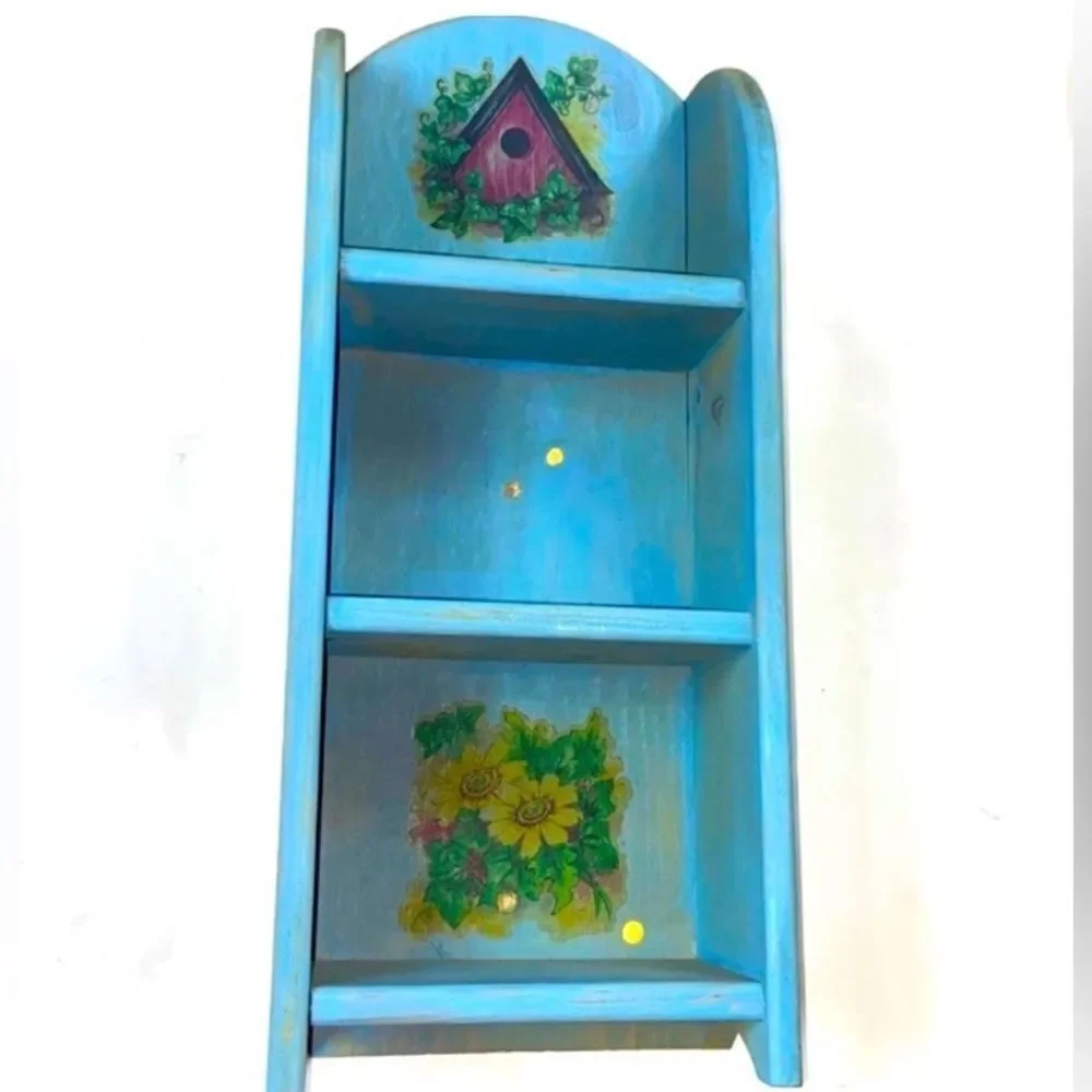 Vintage Blue and Yellow Display Shelves with Arched Design